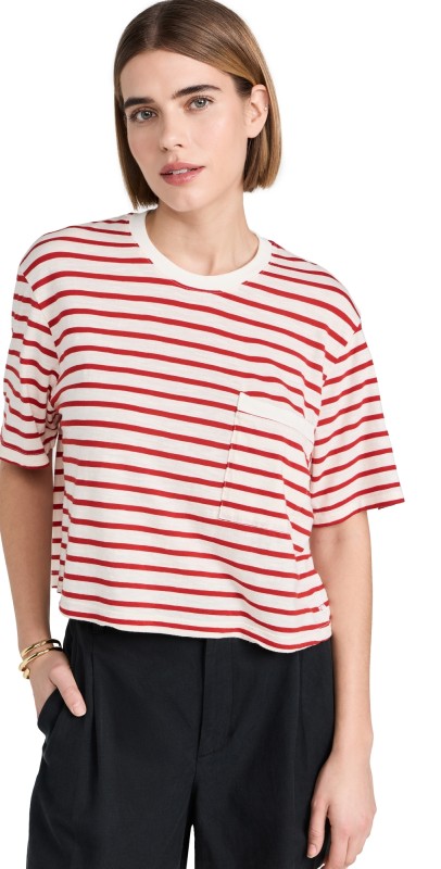 MONROW Stripe Jersey Crop Pocket Tee Red Stripe