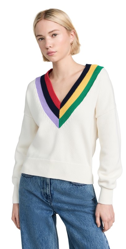 Clare V. Varsity Sweater Cream Cotton w/ Multi Stripe