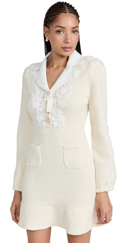 Self Portrait Creamoft Knit Bow Mini Dress Cream