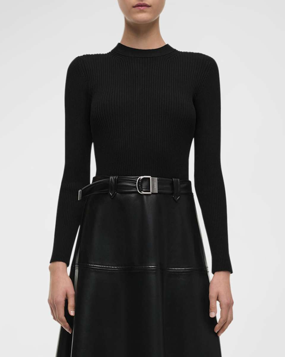 Ulyssia Belted Knit and Faux-Leather Combo Midi Dress