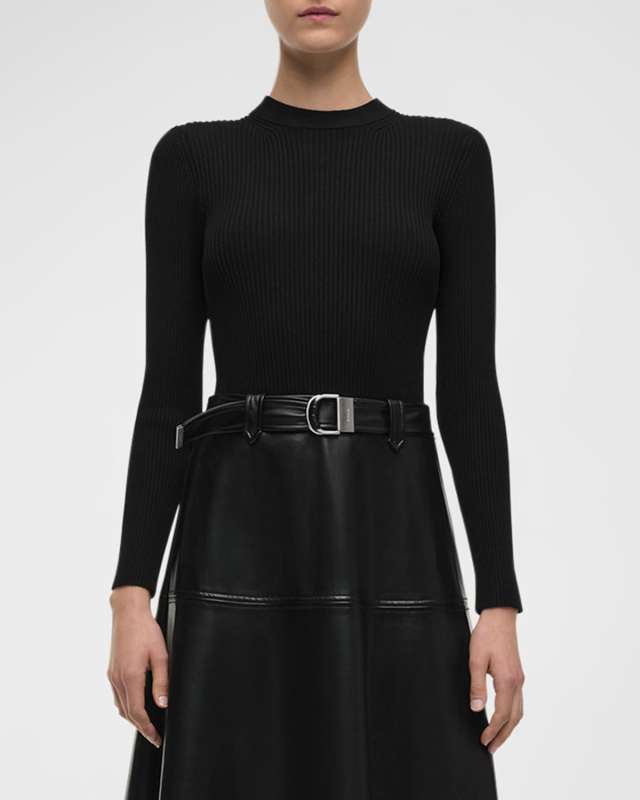 Ulyssia Belted Knit and Faux-Leather Combo Midi Dress