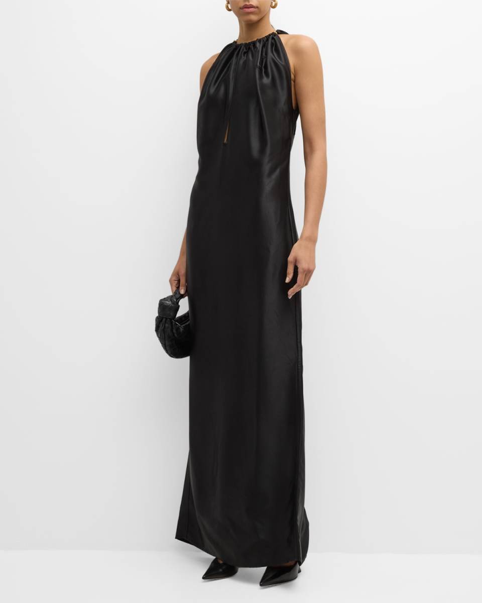 Gathered Sleeveless Fluid Satin Twill Gown