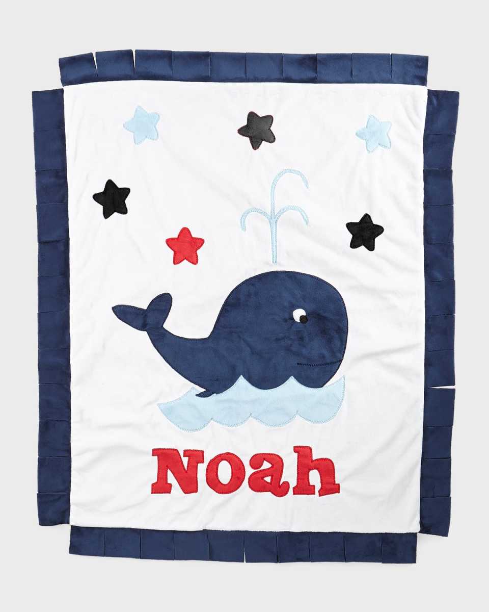 Personalized Whale Plush Blanket, White/Navy