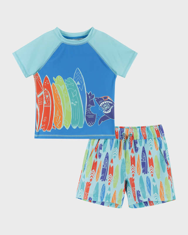 Boy's Surfboard Graphic Rashguard And Shorts Set, Size 2-6