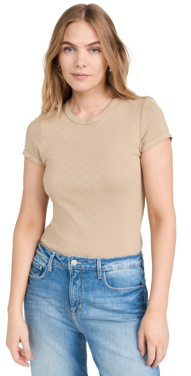 Enza Costa Scallop Edge Pointelle Cap Sleeve Tee Tan