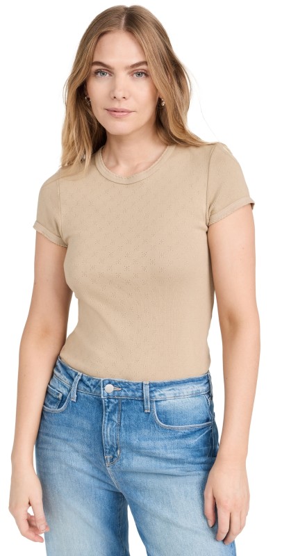 Enza Costa Scallop Edge Pointelle Cap Sleeve Tee Tan