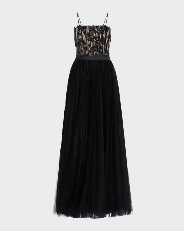 Floral Applique Pleated Tulle Gown