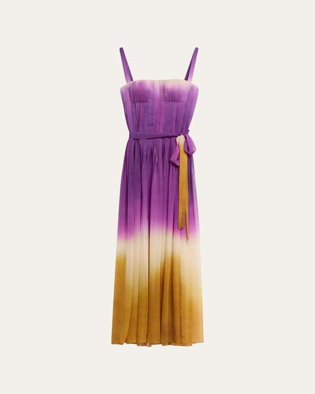 Pintuck Abstract Ombre Silk Sleeveless Gown