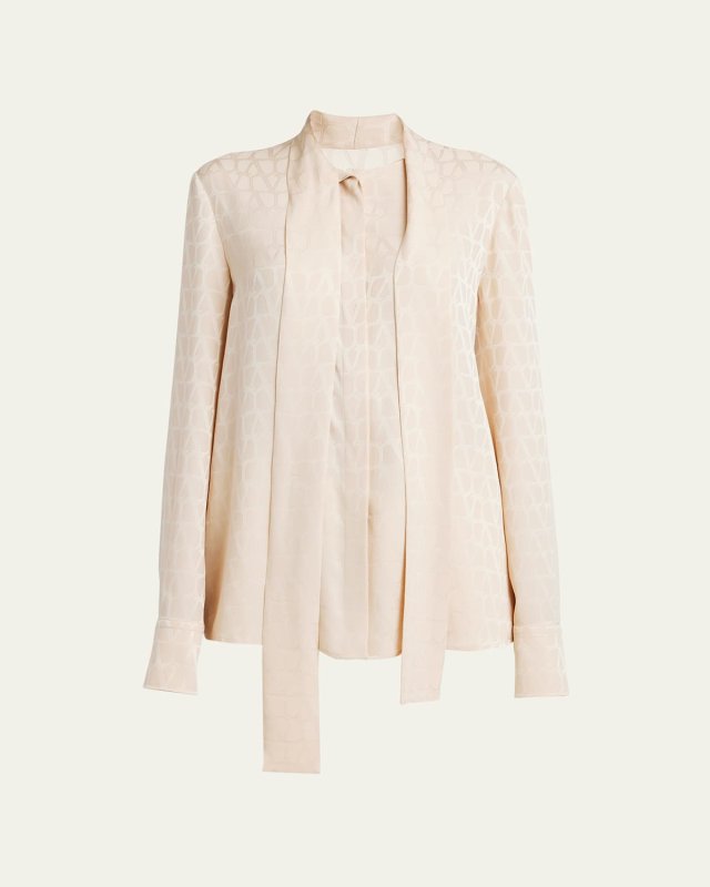 Tonal V-Logo Print Scarf-Neck Silk Blouse