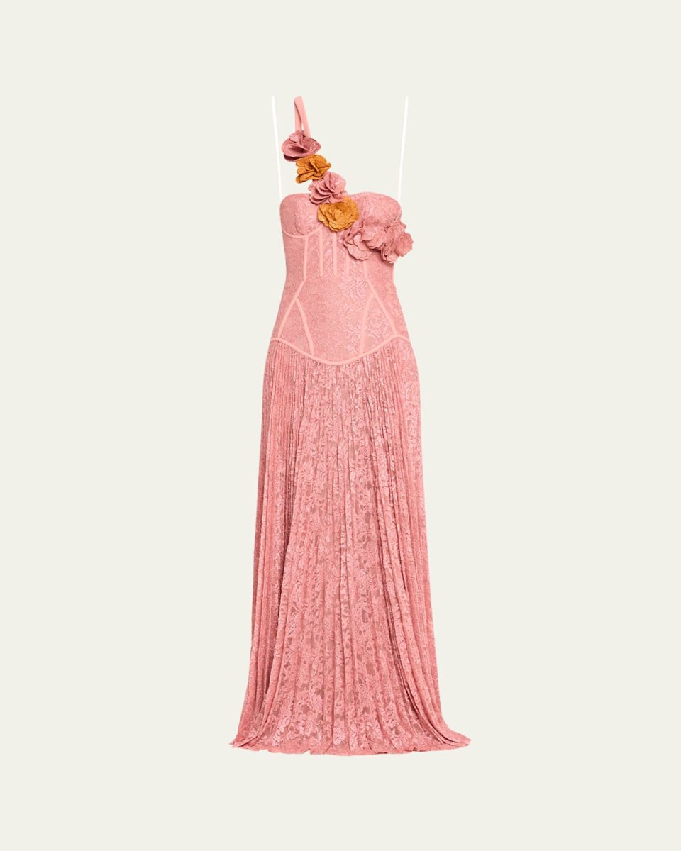 Hand-Embroidered Flower Strapless Lace Gown