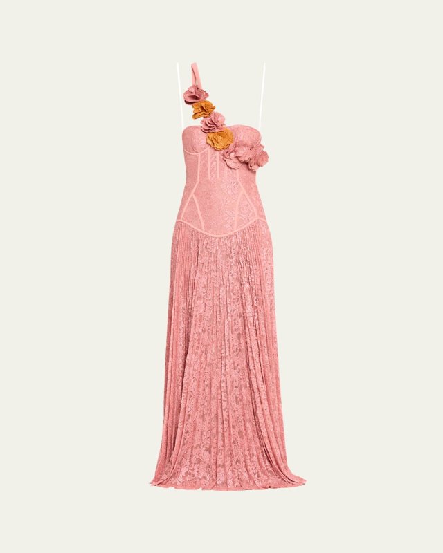 Hand-Embroidered Flower Strapless Lace Gown