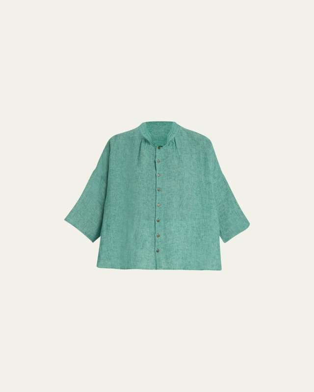 Sloped-Shoulder Wide A-Line Pleated Collar Short-Sleeve Shirt (Mid Length)