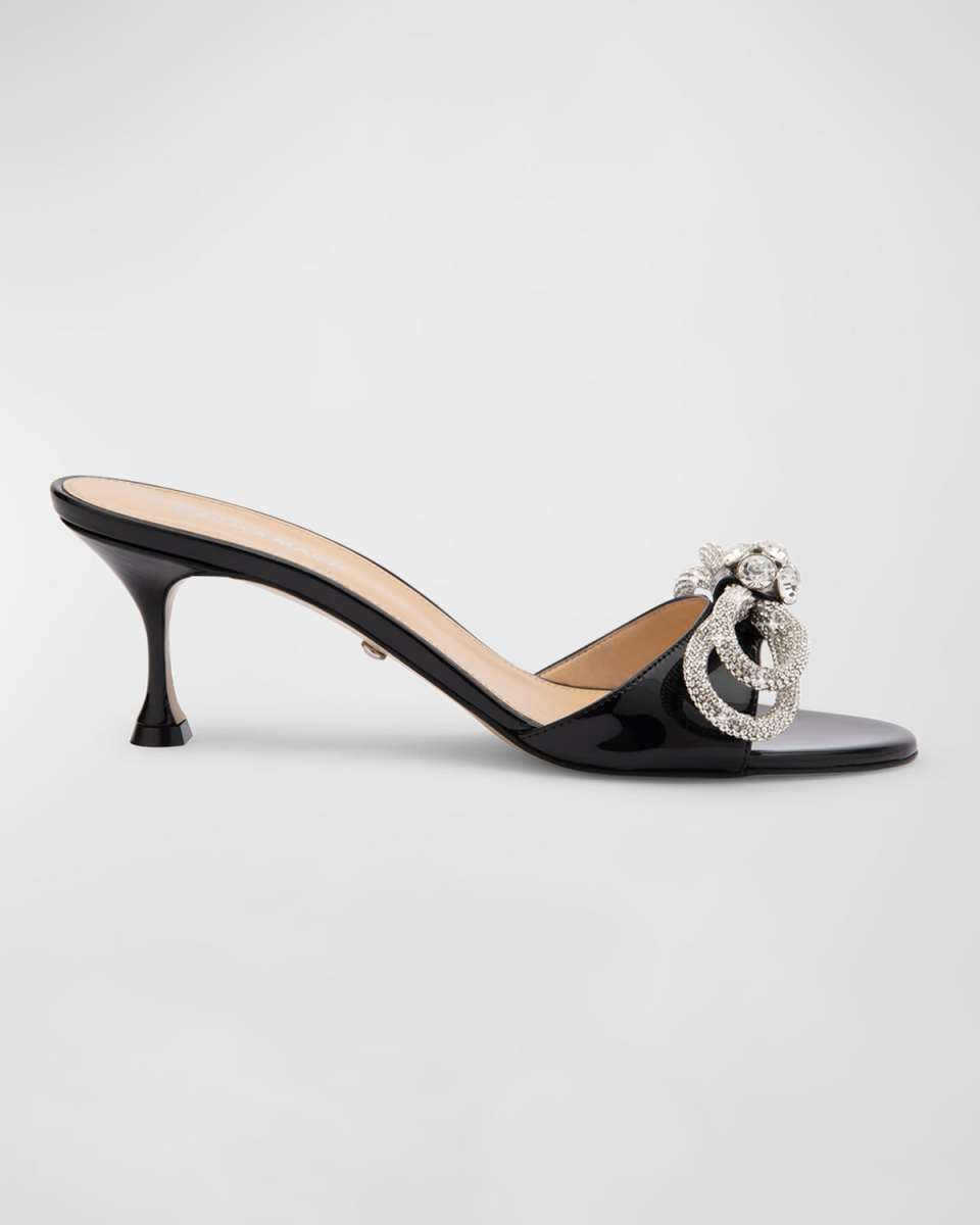 Embellished Double Bow Patent Leather Mule Pumps