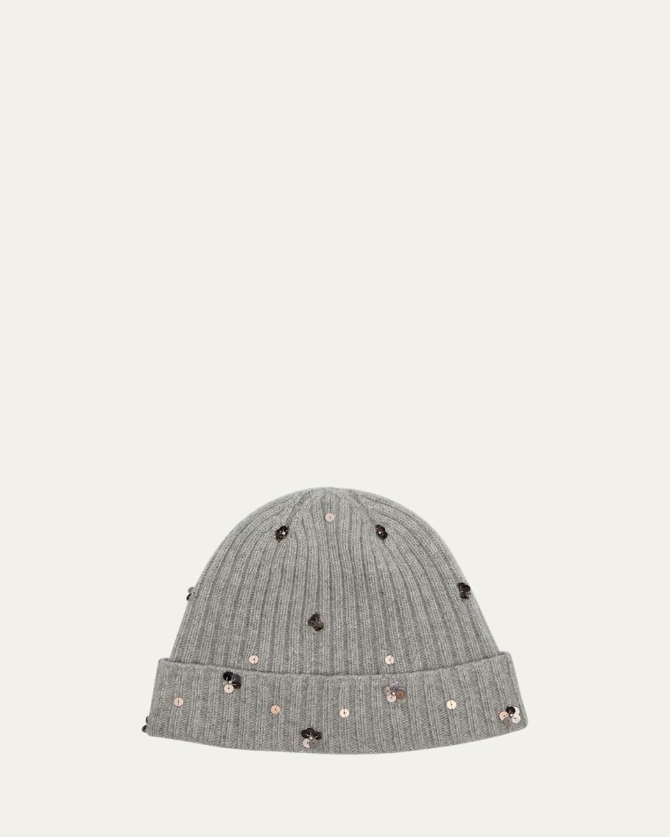Sequin Floral Ribbed Cashmere Beanie