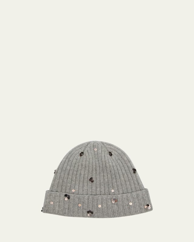 Sequin Floral Ribbed Cashmere Beanie