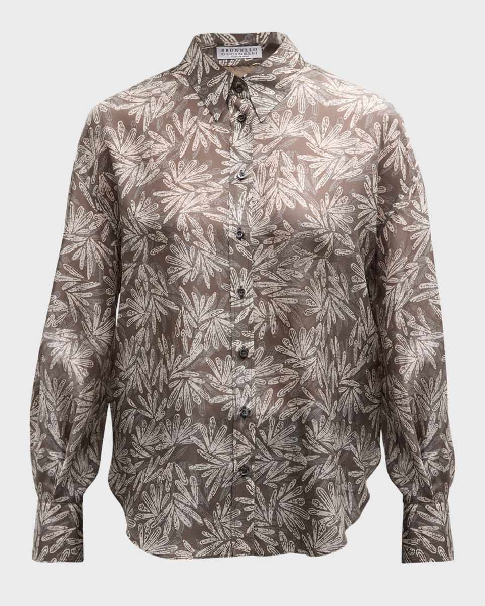 Silk Fern Ponge Button-Front Blouse