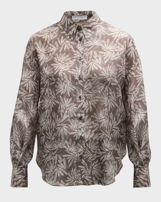 Silk Fern Ponge Button-Front Blouse