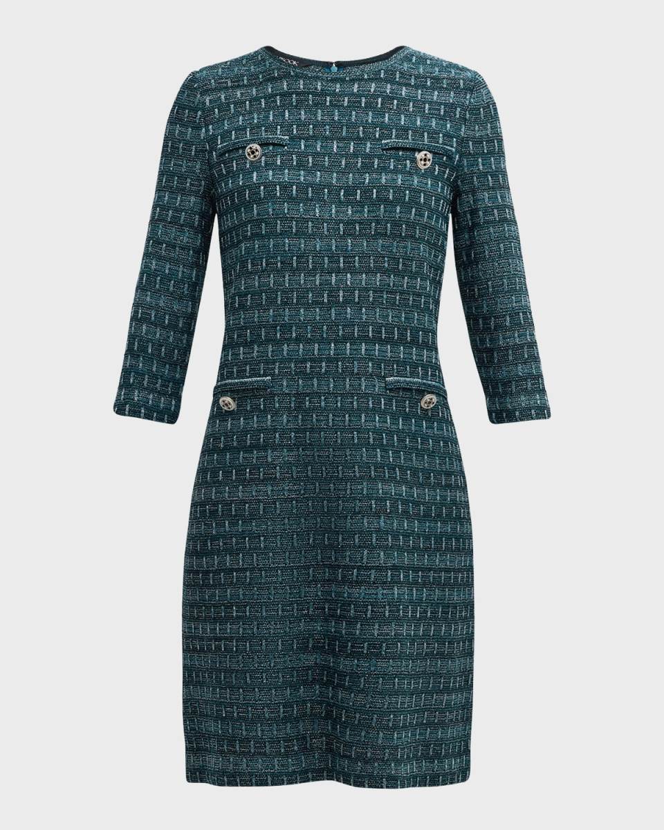 3/4-Sleeve Metallic Tweed Knit Midi Dress