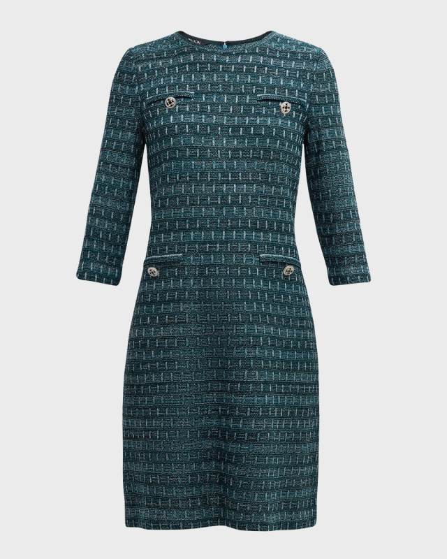 3/4-Sleeve Metallic Tweed Knit Midi Dress
