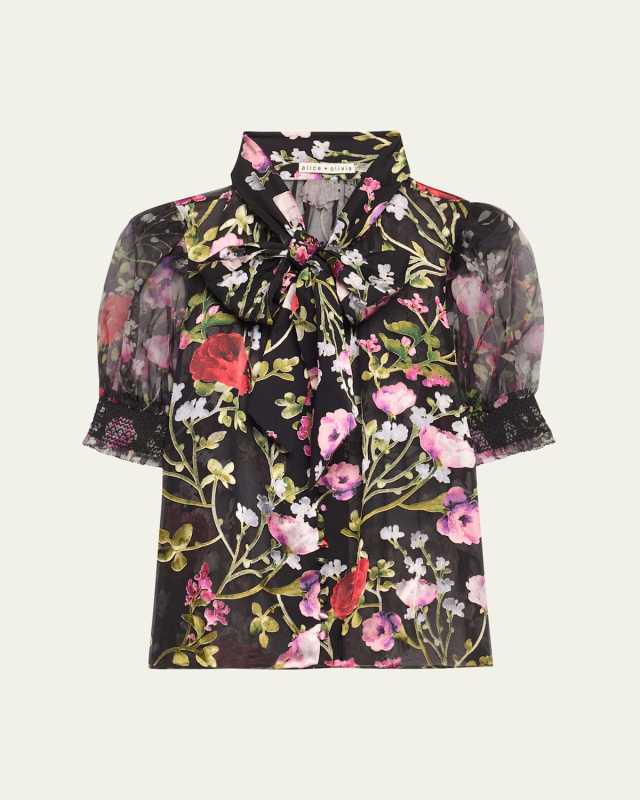 Brentley Tie-Neck Puff-Sleeve Blouse