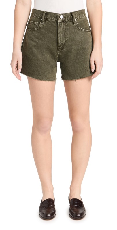 FRAME Le Super High Short Raw Fray Jeans Stoned Fatigue