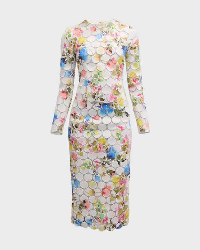 Floral-Print Circle Lace Long-Sleeve Midi Dress