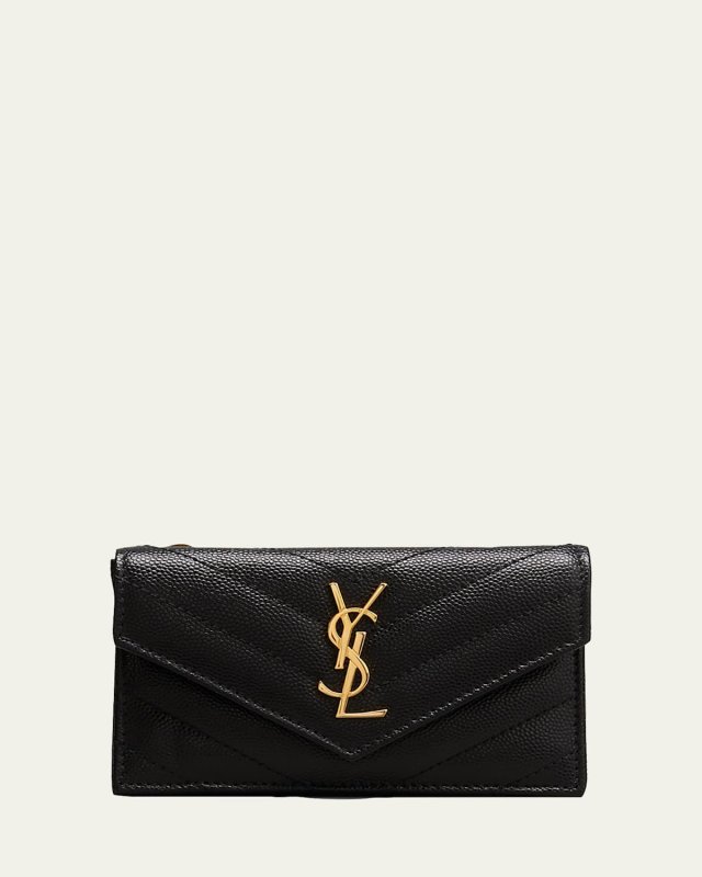 YSL Monogram Ziptop Flap Card Case in Grained Leather
