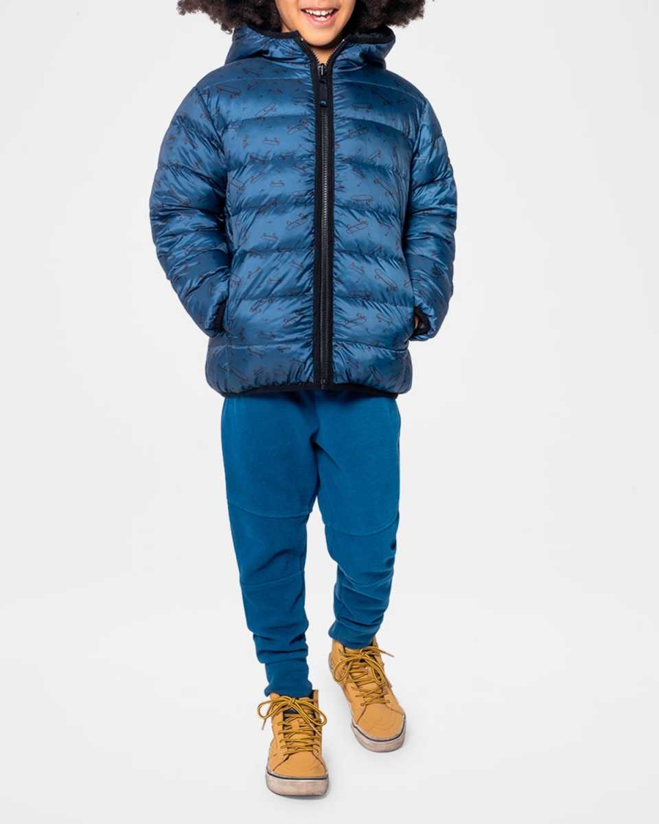 Boy's Reversible Skateboard-Print Puffer Coat, Size 2-12