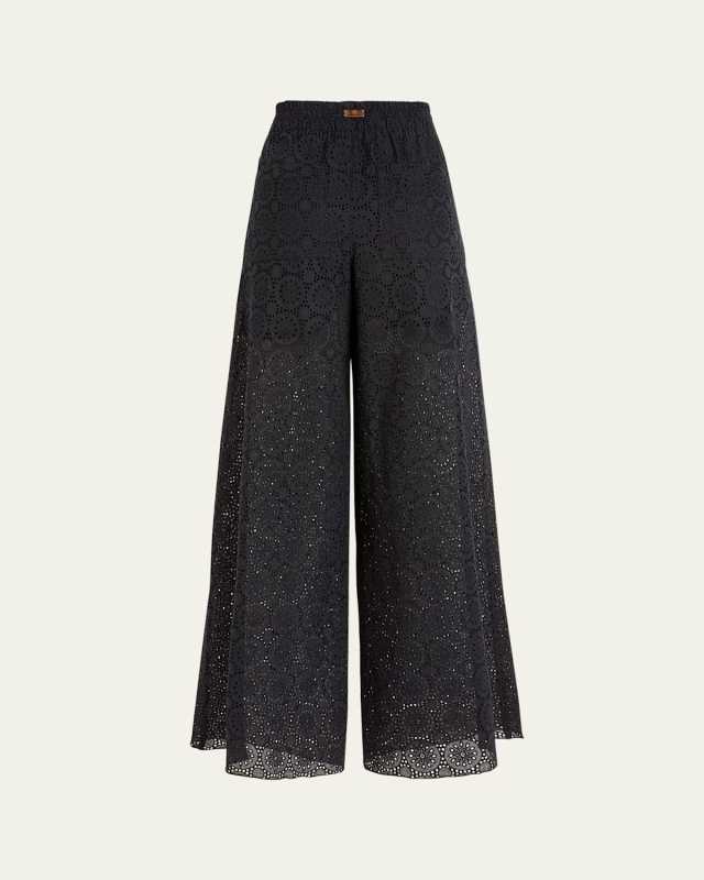 Embroidered Wide-Leg Cotton Pants