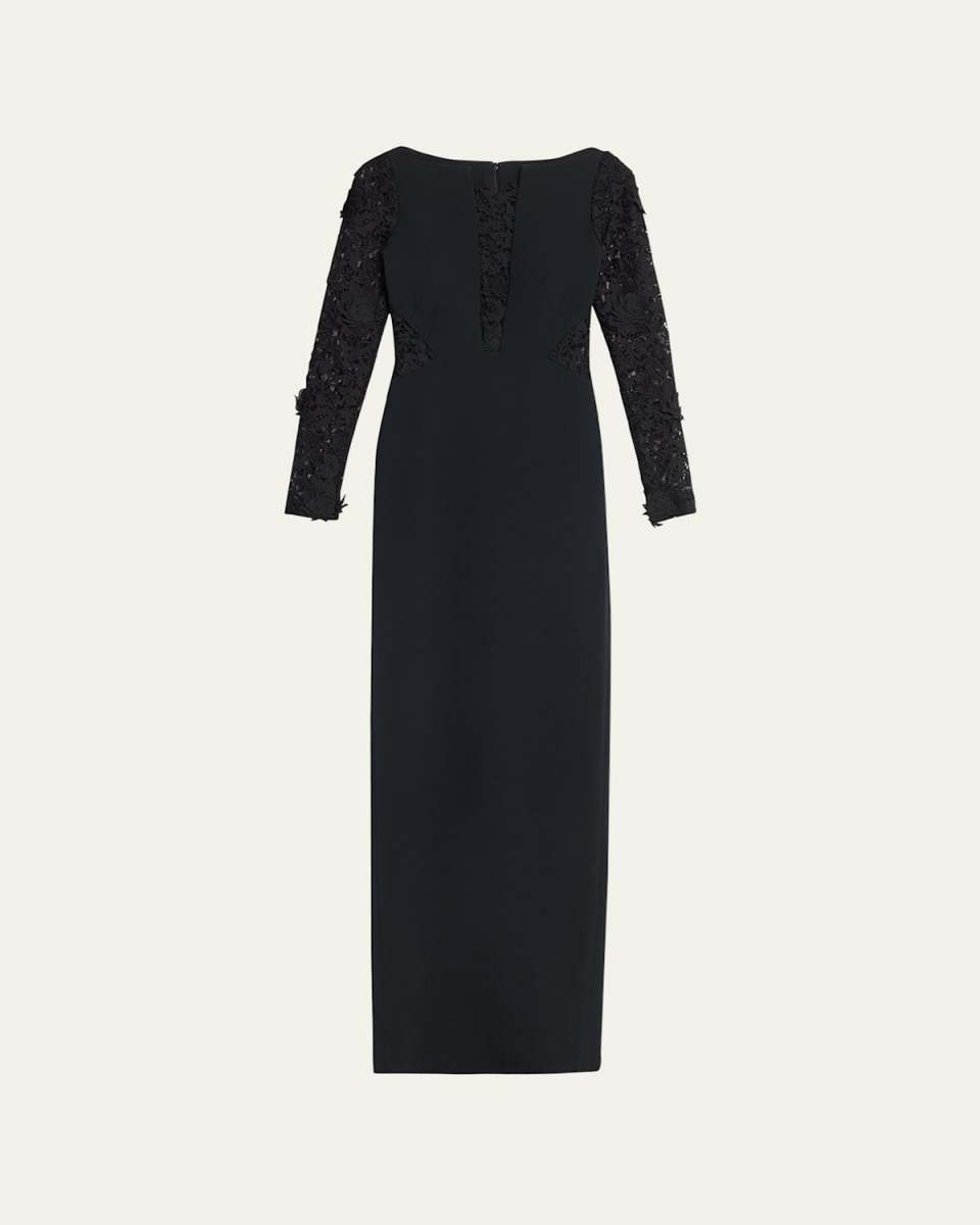 Black Crepe Gown with Lace Panels and Sleeves