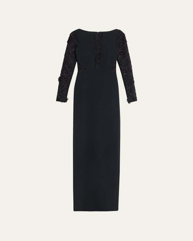 Black Crepe Gown with Lace Panels and Sleeves