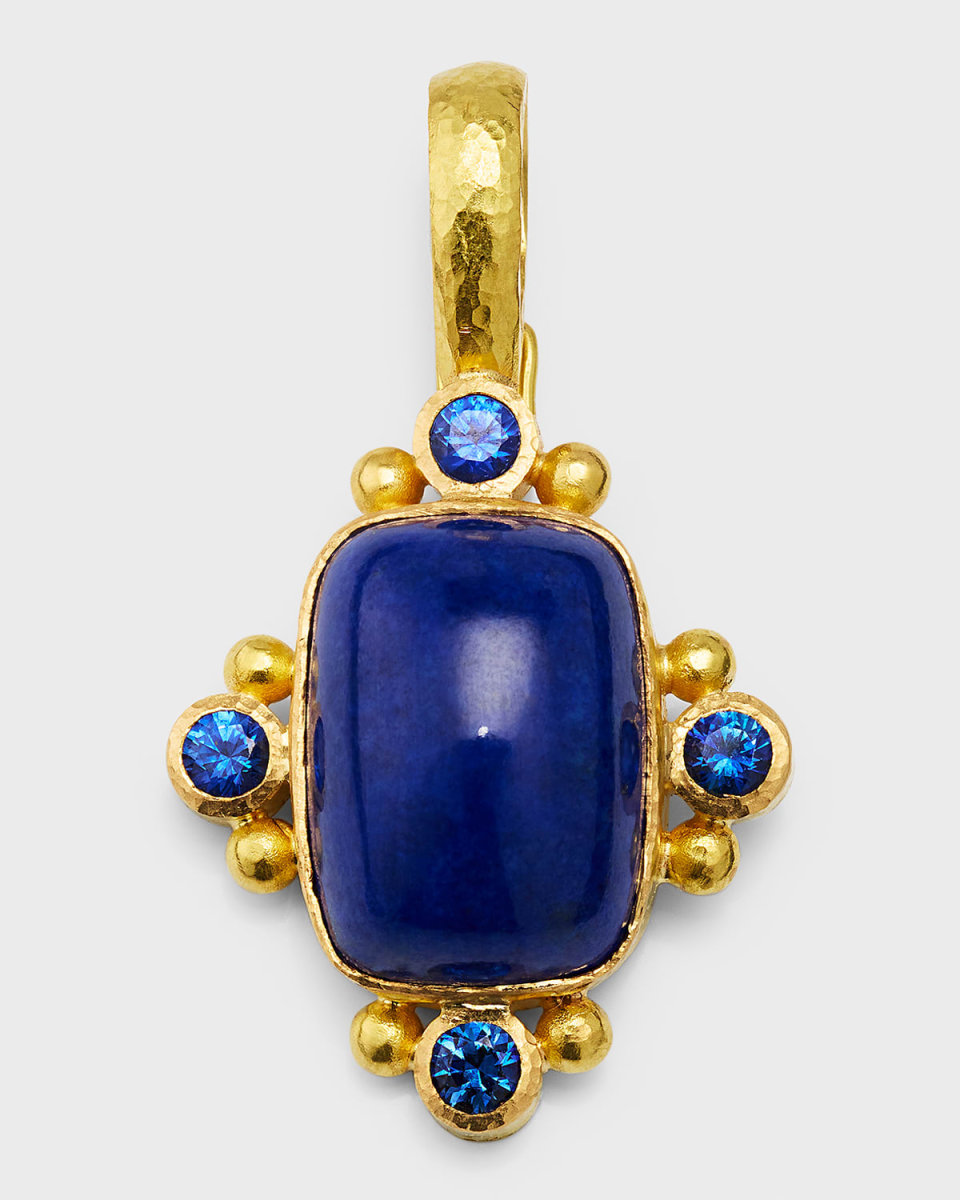 19K Vertical 13mm x 18mm Cushion Lapis Pendant with Sapphires