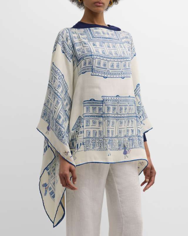 Asti Light Blue Print Cashmere-Blend Poncho