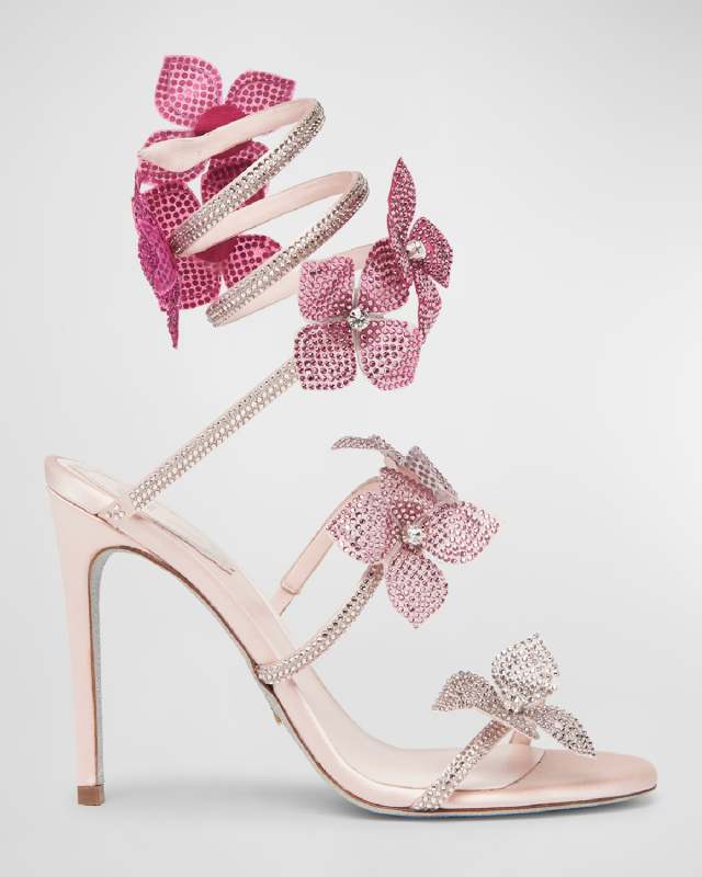 Floraine Crystal Flowers Ankle-Wrap Sandals