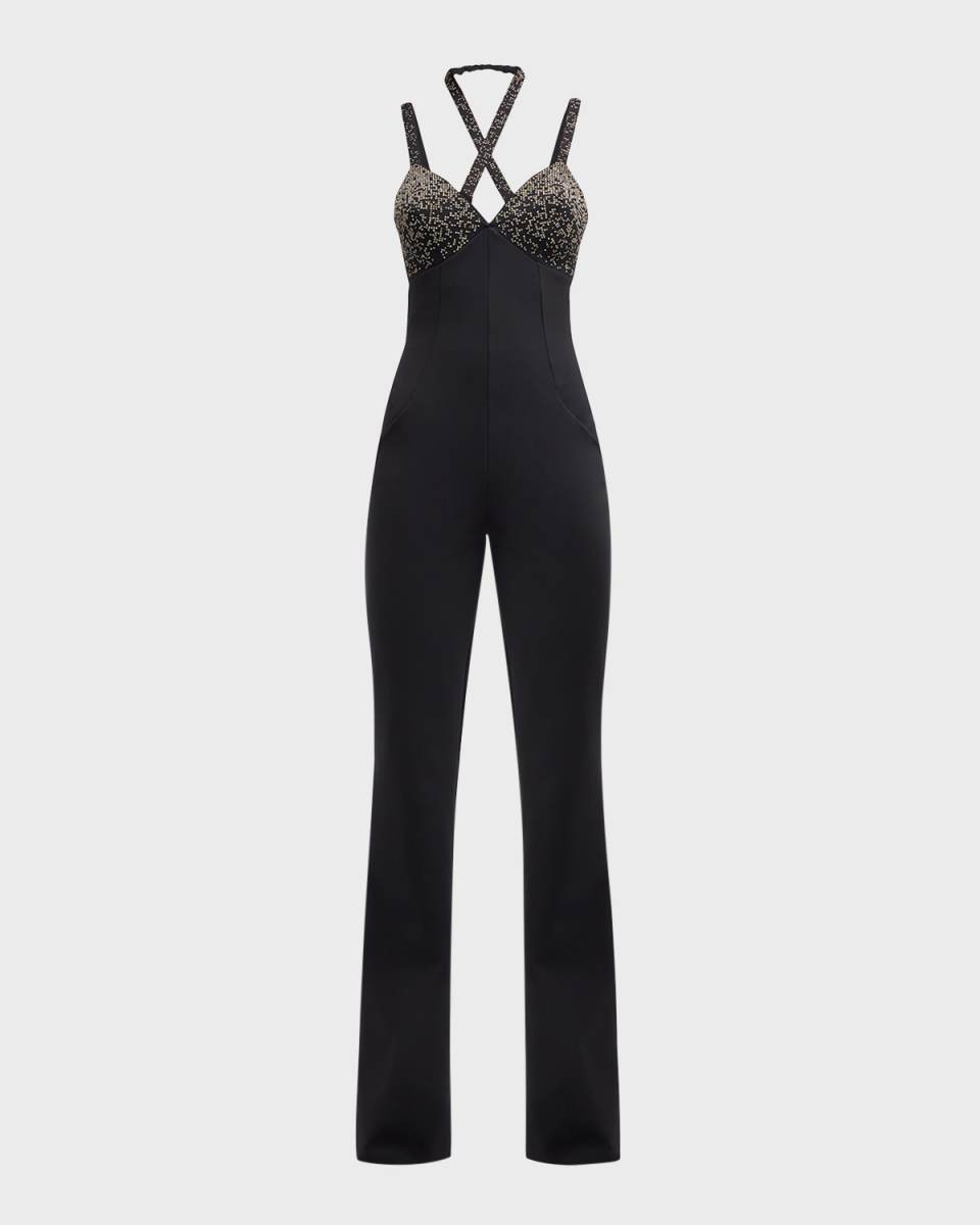 Beaded Strappy Flare-Leg Jumpsuit