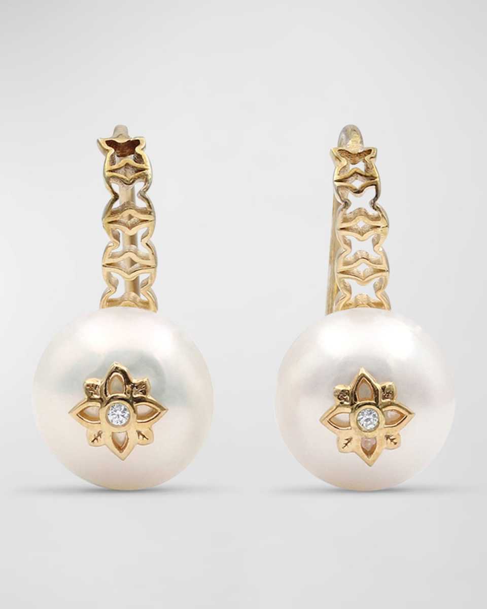 White Pearl and White Diamond French Wire Earrings in 18K Gold