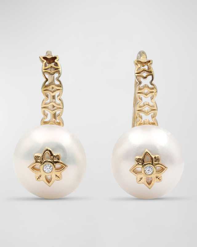 White Pearl and White Diamond French Wire Earrings in 18K Gold