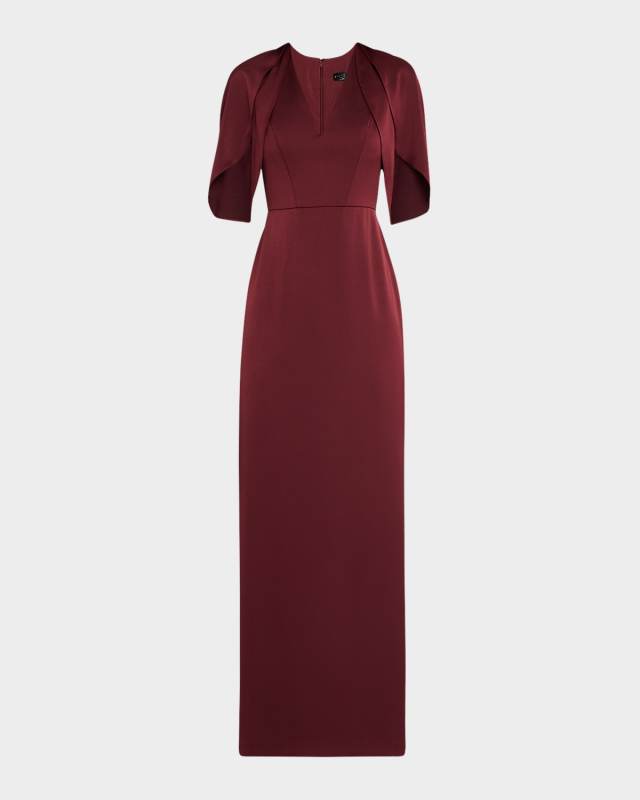 Tulip-Sleeve Crepe Back Satin Column Gown