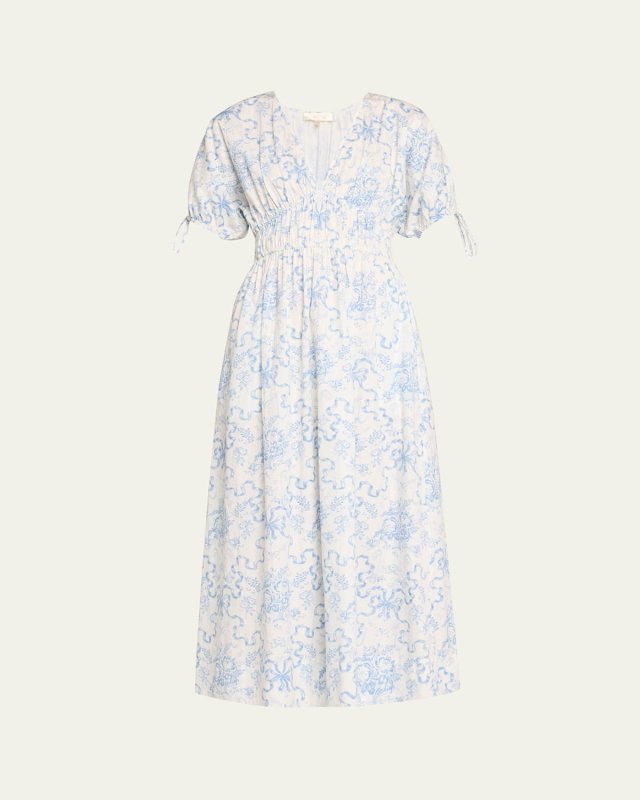 Mastey Floral Cotton Cinched-Waist Midi Dress