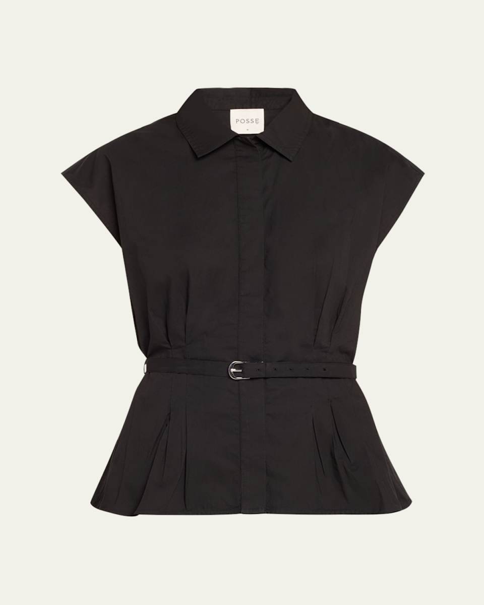 Juno Short-Sleeve Button-Front Belted Cotton Shirt