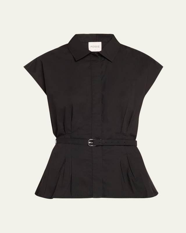 Juno Short-Sleeve Button-Front Belted Cotton Shirt