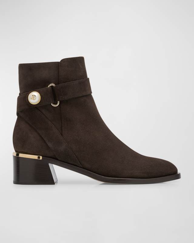 Noor Suede Pearly-Button Ankle Booties