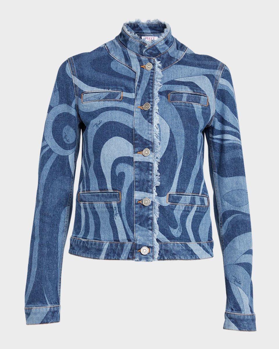 Swirl-Print Denim Button-Front Jacket