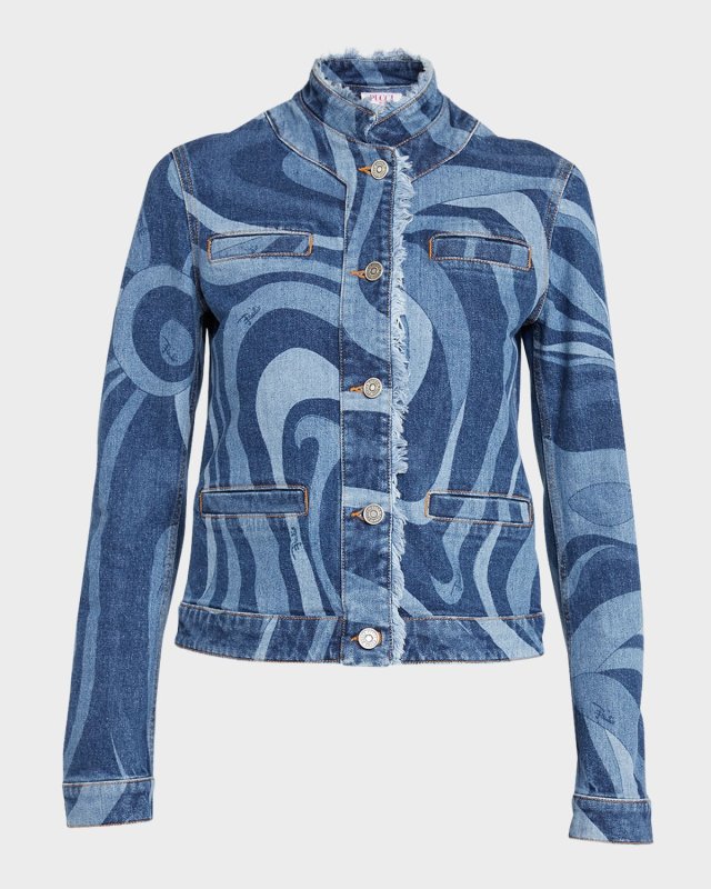 Swirl-Print Denim Button-Front Jacket