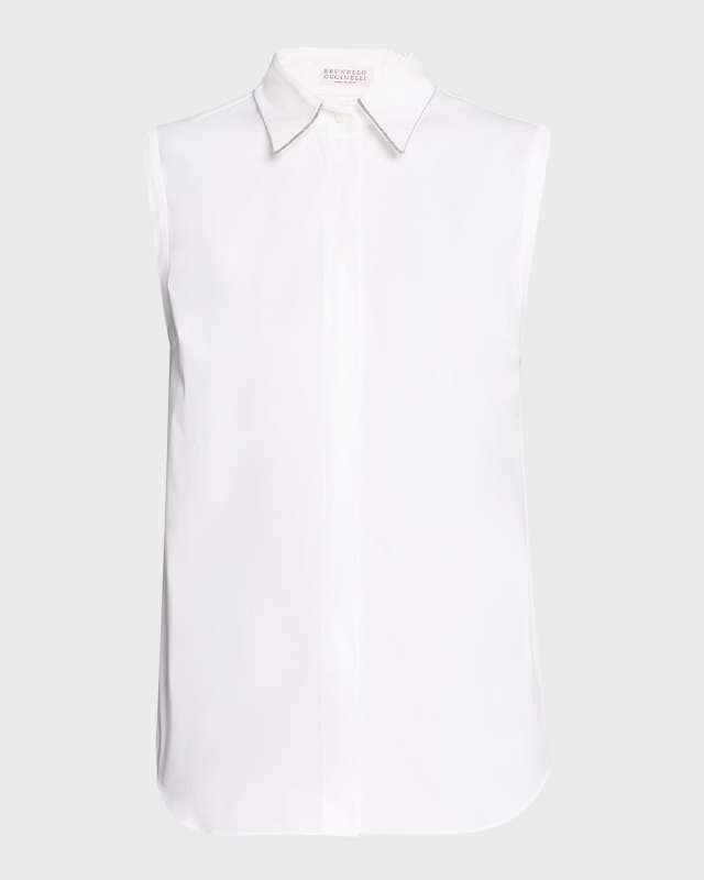 Cotton Poplin Button-Front Shirt with Monili Collar