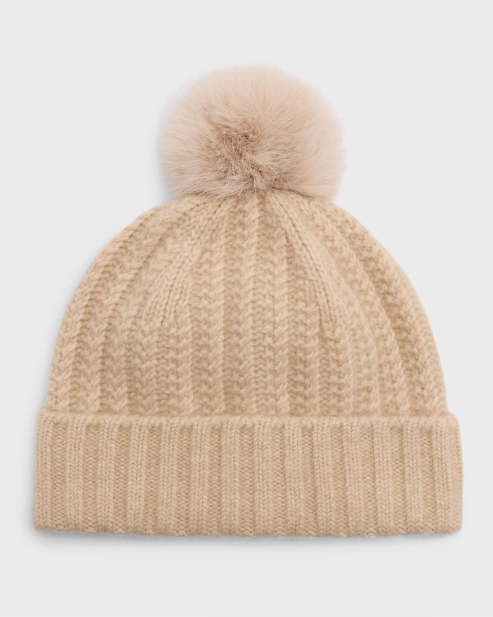 Braided Knit Cashmere Beanie With Faux Fur Pom