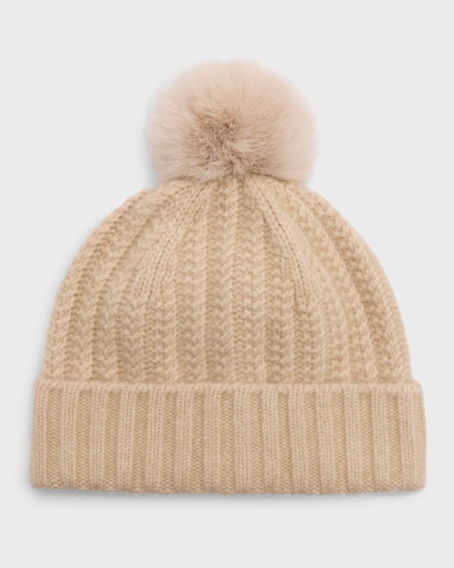 Braided Knit Cashmere Beanie With Faux Fur Pom