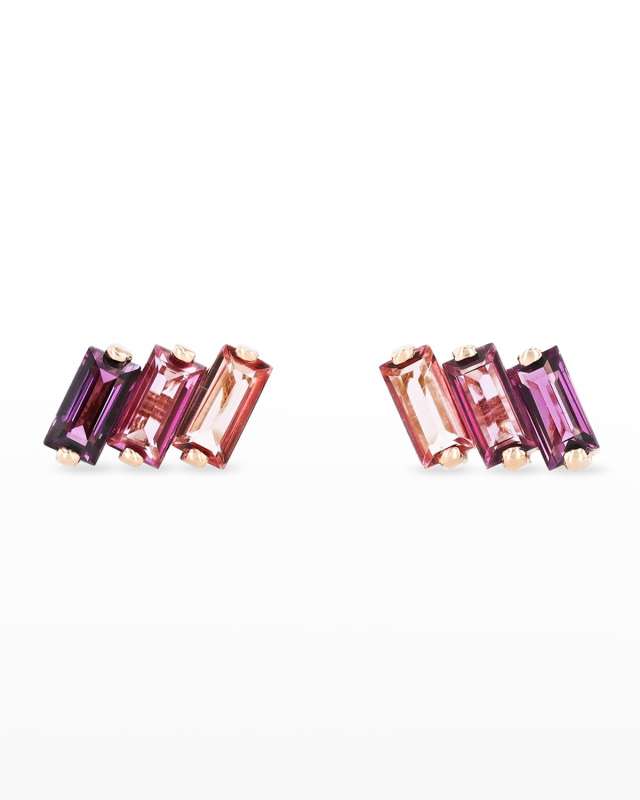 14K Rose Gold Three Baguette Earrings with Baguette-Cut Stones, Pink