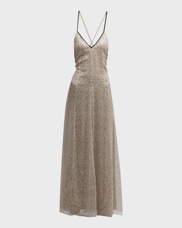 Monili Crisscross Open-Back Crispy Silk Paillette Gown