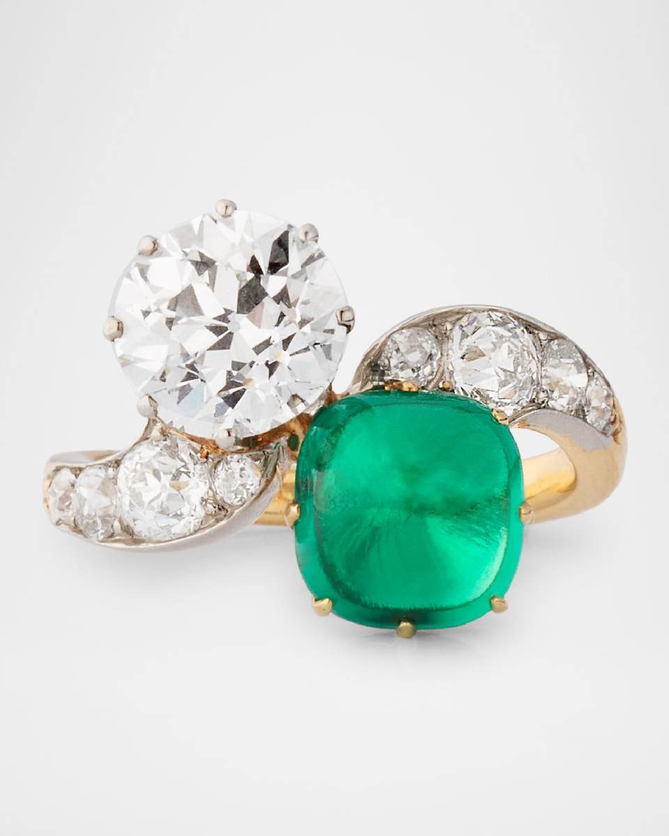 Estate 18K Yellow Gold French Victorian Ring with Colombian Emerald and Diamonds